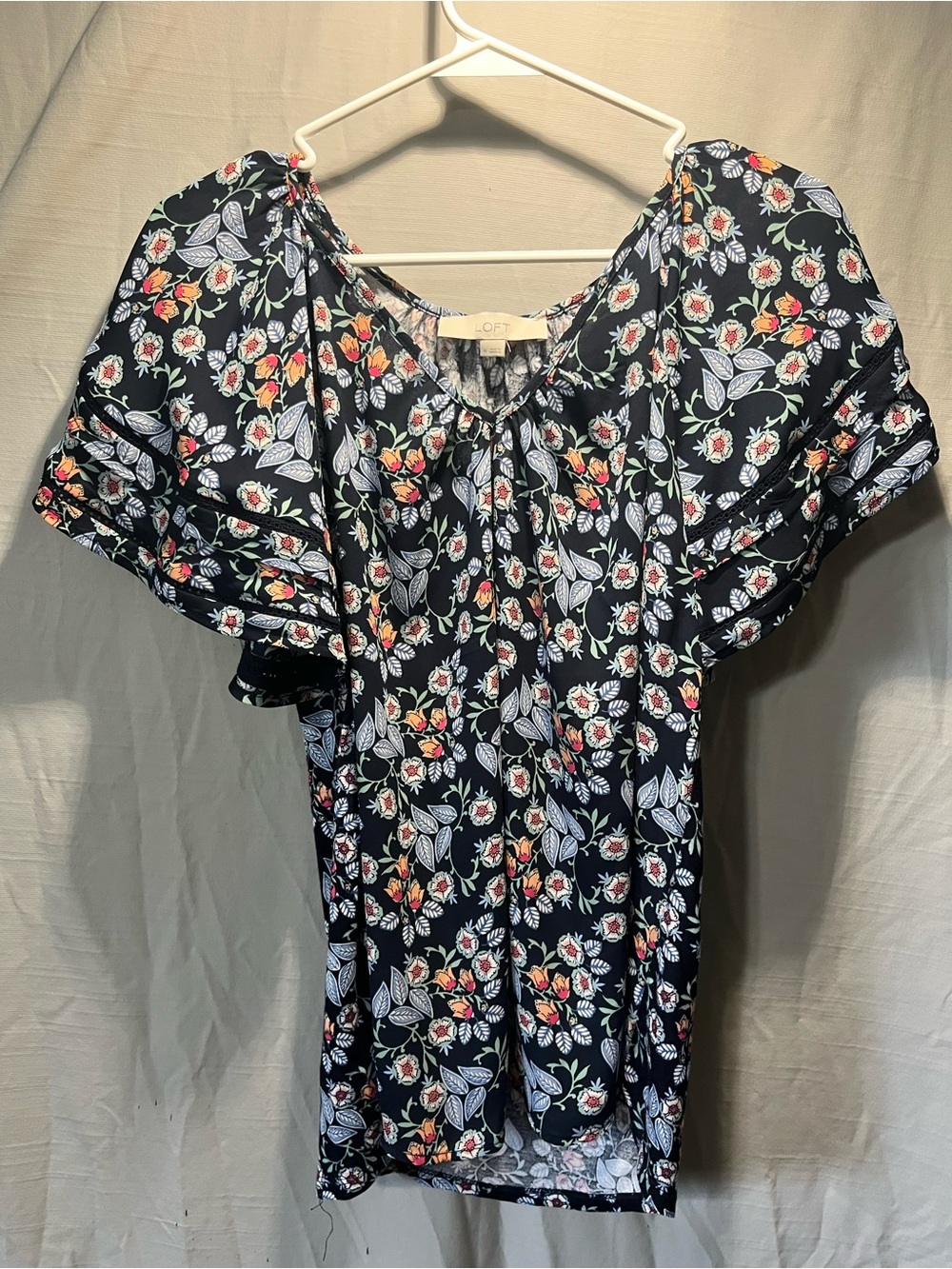 LOFT Black Floral Flutter-Sleeve Blouse